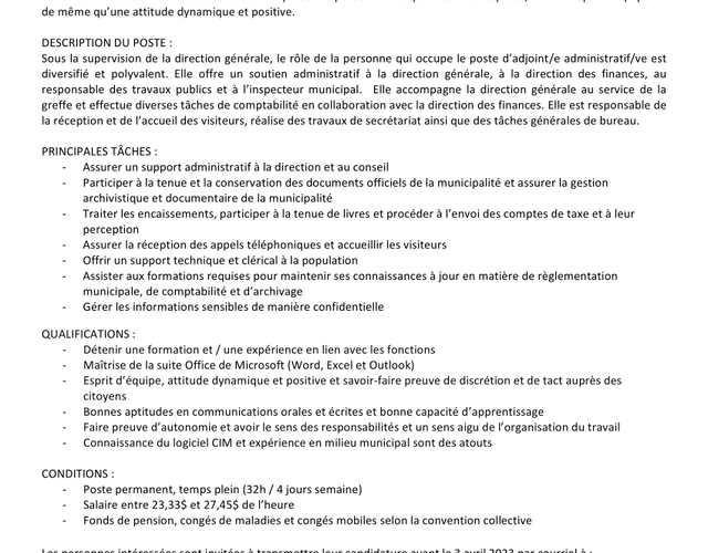 OFFRE D'EMPLOI : ADJOINT/E ADMINISTRATIF/VE