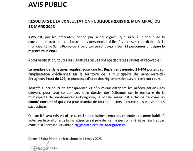 AVIS PUBLIC : Résultats de la consultation publique ( Registre municipal) du 13 mars 2023